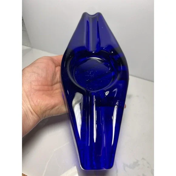 VTG Blenko Cobalt Blue Heavy Hand Blown Glass Cigar Holder Ashtray - Picture 8 of 8